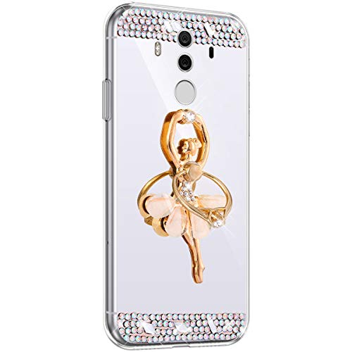 Saceebe compatible con Huawei Mate 10 pro Funda Carcasa Silicona TPU Diamante Estuche Glitter Bailarina Anillo Espejo Cáscara Diamond Silicona TPU Brillo Cover Suave Ultra Delgado,Plata/girl