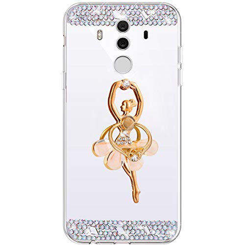 Saceebe compatible con Huawei Mate 10 pro Funda Carcasa Silicona TPU Diamante Estuche Glitter Bailarina Anillo Espejo Cáscara Diamond Silicona TPU Brillo Cover Suave Ultra Delgado,Plata/girl