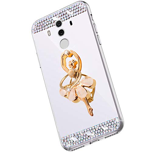 Saceebe compatible con Huawei Mate 10 pro Funda Carcasa Silicona TPU Diamante Estuche Glitter Bailarina Anillo Espejo Cáscara Diamond Silicona TPU Brillo Cover Suave Ultra Delgado,Plata/girl