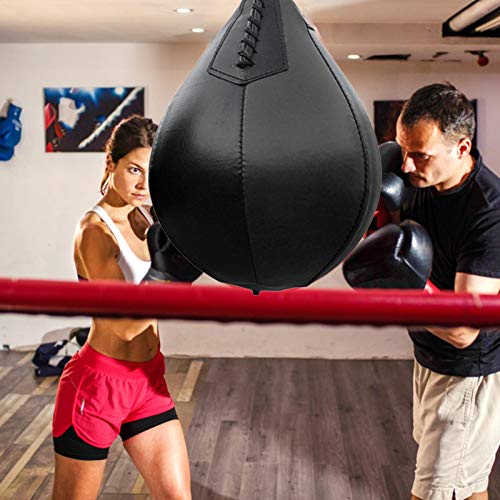 Saco de boxeo colgante de cuero, bola de golpe giratoria colgante de cuero resistente para boxeo, mma, muay thai, fitness o entrenamiento deportivo de lucha, con bomba, cuero de PU, altura 9.8in