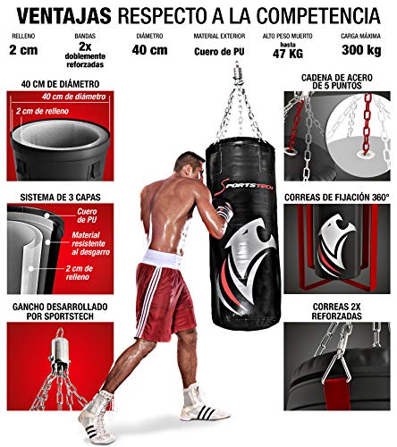 Saco de Boxeo Profesional.Fijación 360° de Sportstech; Incluye póster de Entrenamiento;Nuestro BXP está Recomendado por la Asociación de Boxeo de Berlín,Ideal para Kick Boxing y Boxeo (100x40cm)