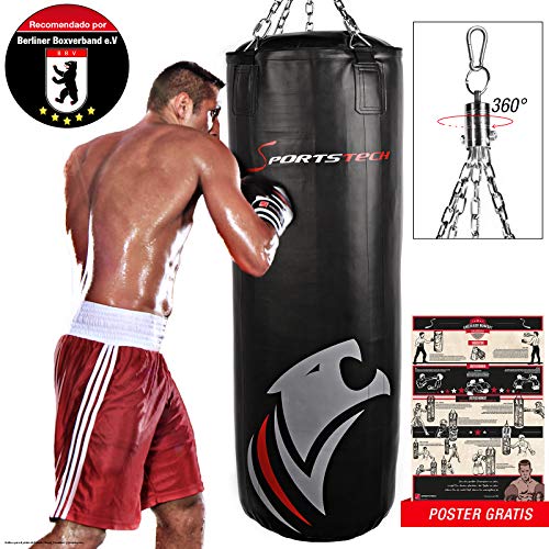 Saco de Boxeo Profesional.Fijación 360° de Sportstech; Incluye póster de Entrenamiento;Nuestro BXP está Recomendado por la Asociación de Boxeo de Berlín,Ideal para Kick Boxing y Boxeo (100x40cm)