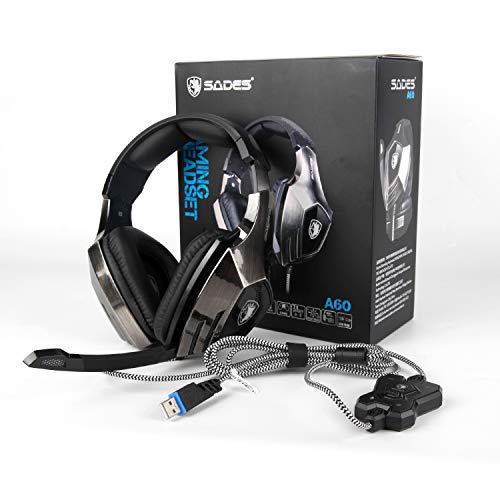 SADES R7 - Auriculares para juegos audífonos USB 7.1, Audífonos estéreo para juegos superplanos con micrófono retráctil Botón EQ Bass Boost para PC y Mac, Negro y Azul