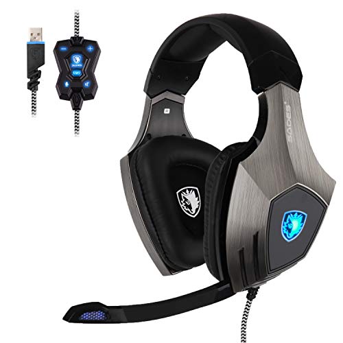 SADES R7 - Auriculares para juegos audífonos USB 7.1, Audífonos estéreo para juegos superplanos con micrófono retráctil Botón EQ Bass Boost para PC y Mac, Negro y Azul