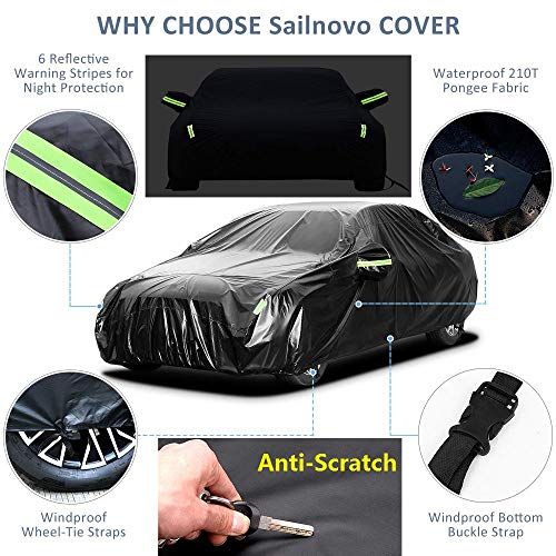 Sailnovo Funda para Coche Exterior Negra Impermeable Resistente al Sol, Polvo, Viento, Lluvia, Nieve y Rasguño 210T para Sedan (5.3 x 2 x 1.5m)