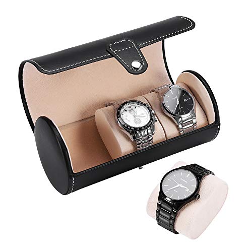 Salmue Caja de Relojes, 2 Colores 3 Rejillas Cilíndrico Hombre Mujer Cierre de Metal, Estuche de Almacenamiento para Relo, Caja para Almacenamiento Relojes Soporte(Negro)