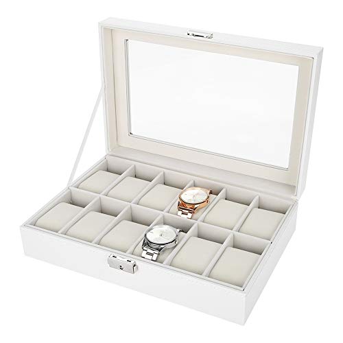 Salmue Caja de Relojes Hombre Mujer con 12 Compartimientos, Tapa de Vidrio, Cierre de Metal, Estuche de Almacenamiento para Reloj