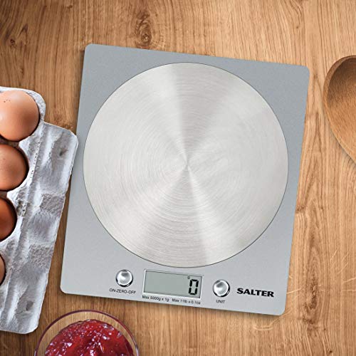 Salter 1036 SVSSDR báscula electrónica de Cocina, Ultrafino con Plataforma de Disco de Acero Inoxidable, función de adición y pesaje, Capacidad de 5 kg, 15 años de garantía, Gris, Plateado