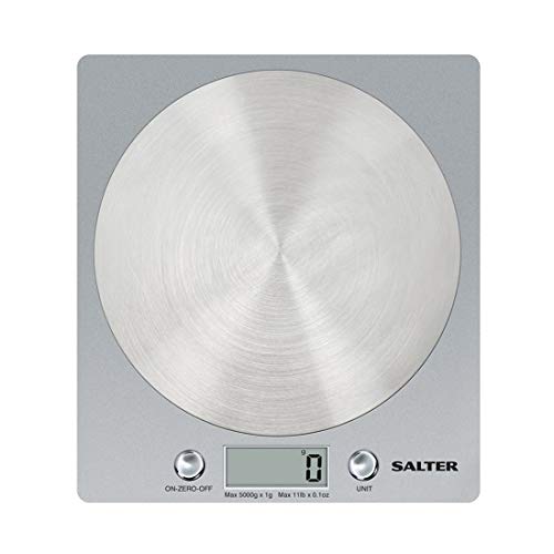 Salter 1036 SVSSDR báscula electrónica de Cocina, Ultrafino con Plataforma de Disco de Acero Inoxidable, función de adición y pesaje, Capacidad de 5 kg, 15 años de garantía, Gris, Plateado