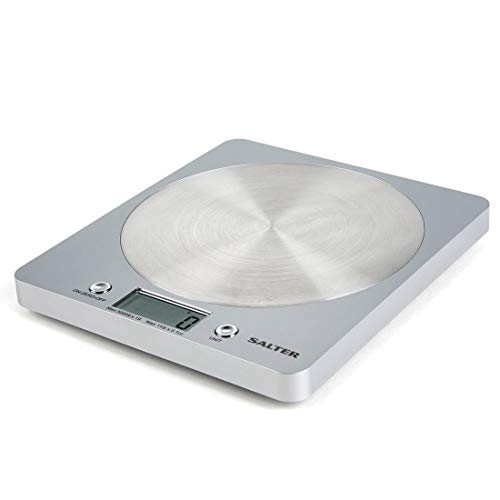 Salter 1036 SVSSDR báscula electrónica de Cocina, Ultrafino con Plataforma de Disco de Acero Inoxidable, función de adición y pesaje, Capacidad de 5 kg, 15 años de garantía, Gris, Plateado