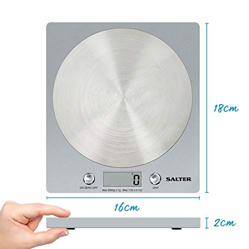Salter 1036 SVSSDR báscula electrónica de Cocina, Ultrafino con Plataforma de Disco de Acero Inoxidable, función de adición y pesaje, Capacidad de 5 kg, 15 años de garantía, Gris, Plateado Salter 1036 SVSSDR báscula electrónica de Cocina, Ultrafino con Plataforma de Disco de Acero Inoxidable, función de adición y pesaje, Capacidad de 5 kg, 15 años de garantía, Gris, Plateado
