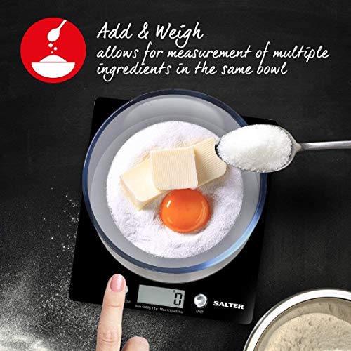 Salter Báscula de Cocina Digital Plataforma de Vidrio, Capacidad 5kg, Función de Añadir y Pesar, Negro Salter Báscula de Cocina Digital Plataforma de Vidrio, Capacidad 5kg, Función de Añadir y Pesar, Negro