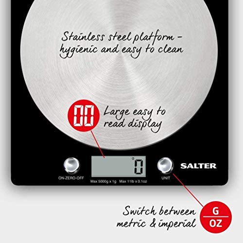 Salter Báscula de Cocina Digital Plataforma de Vidrio, Capacidad 5kg, Función de Añadir y Pesar, Negro Salter Báscula de Cocina Digital Plataforma de Vidrio, Capacidad 5kg, Función de Añadir y Pesar, Negro