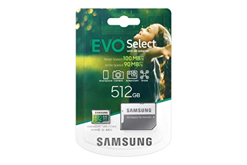 Samsung EVO Select 512 GB microSD 100 MB/s, velocidad Full HD & 4K UHD tarjeta de memoria incluye adaptador SD para smartphone, tableta, cámara de acción, dron y portátil