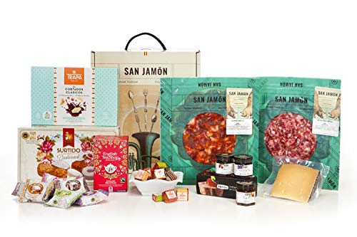 San Jamón - Cesta Regalo Gourmet Ibérica, Dueñas. Chorizo y Salchichón Ibéricos, Queso Manchego, Bombones, Pastas, Mermelada y Té San Jamón - Cesta Regalo Gourmet Ibérica, Dueñas. Chorizo y Salchichón Ibéricos, Queso Manchego, Bombones, Pastas, Mermelada y Té