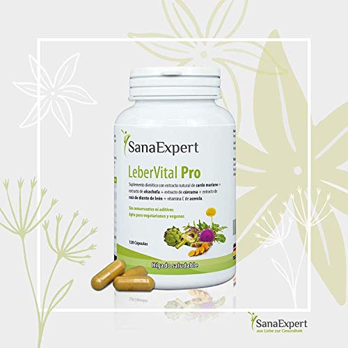 SanaExpert LeberVital Pro, Suplemento Nutricional para el Hígado y los Riñones, Capsulas Depurativas con Extracto de Cardo Mariano, Alcachofa, Cúrcuma, Raíz de Diente de León, 120 Cápsulas