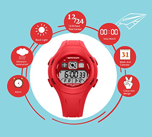 SANDA - Reloj para Niños Niñas Deportivos LED Digital a Prueba de Agua Reloje Impermeable Infantil Sport Watch - Rojo