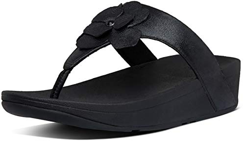 Sandalias de cuña de Mujer FitFlop Entre Dedo con Flor Decorativa en Color Negro Sandalias de cuña de Mujer FitFlop Entre Dedo con Flor Decorativa en Color Negro