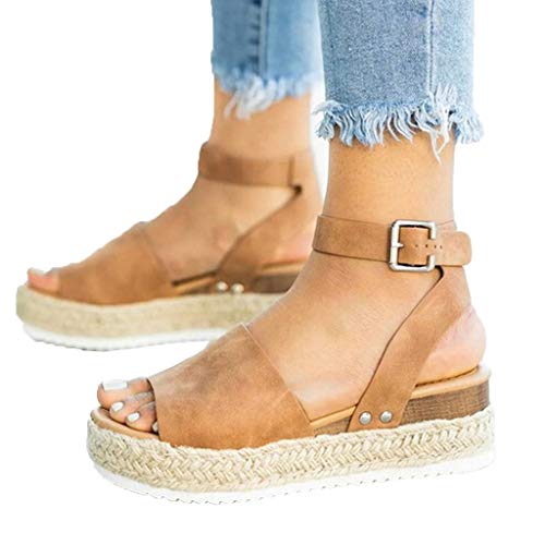 Sandalias Mujer Verano 2019 cáñamo Fondo Grueso Sandalias Punta Abierta Cuero Fondo Plano Zapatos Bohemias Romanas Hebilla Zapatillas Gris 35-43 riou