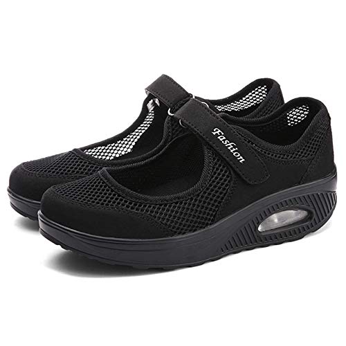 Sandalias para Mujer Malla Merceditas Plataforma Ligero Zapatillas Sneaker Mary Jane Casual Zapatos de Deporte Mocasines Negros Verano A-Negro-2 EU38