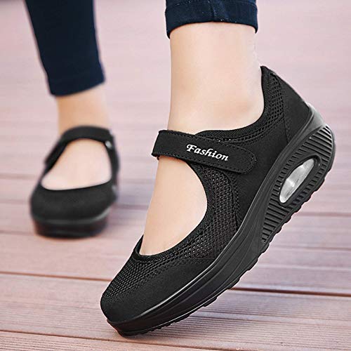 Sandalias para Mujer Malla Merceditas Plataforma Ligero Zapatillas Sneaker Mary Jane Casual Zapatos de Deporte Mocasines Negros Verano A-Negro-2 EU38