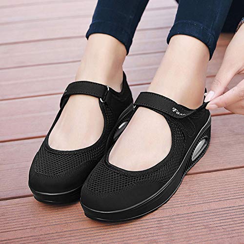 Sandalias para Mujer Malla Merceditas Plataforma Ligero Zapatillas Sneaker Mary Jane Casual Zapatos de Deporte Mocasines Negros Verano A-Negro-2 EU38