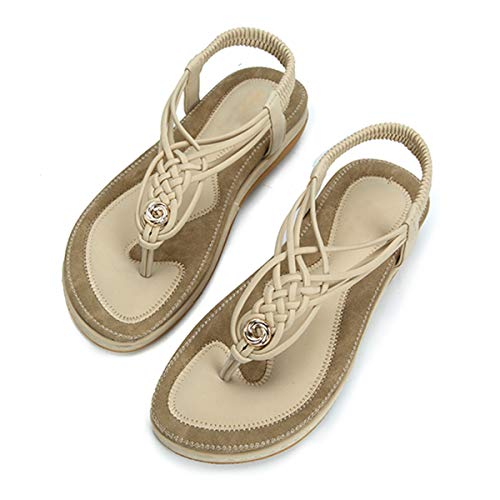 Sandalias Planas para Mujer, Camfosy Tacones Planos para el Verano Chancletas Filtrando el Empeine Nude Piernas Suela Comepnsés Cómodo Estilo Trenzado Adecuado para Piscinas Azul Beige