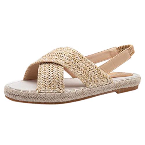 Sandalias Romanas Mujer, 2019 Moda Alpargatas De Verano Primavera Banda Elástica De Vestir Zapatillas Planas Al Aire Libre Zapato Con Punta Abierta De Talla Grande 35-43(Caqui, 39)