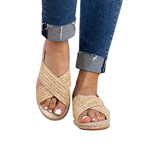 Sandalias Romanas Mujer, 2019 Moda Alpargatas De Verano Primavera Banda Elástica De Vestir Zapatillas Planas Al Aire Libre Zapato Con Punta Abierta De Talla Grande 35-43(Caqui, 39)