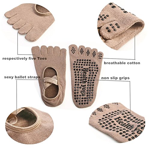 SANIQUEEN.G 4 Pares Algodón Full Toe Non Slip Skid Yoga Calcetines con Dedos Pilates para Mujeres (Estilo 1)