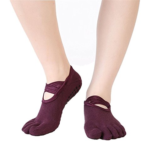 SANIQUEEN.G 4 Pares Algodón Full Toe Non Slip Skid Yoga Calcetines con Dedos Pilates para Mujeres (Estilo 1)