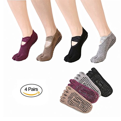 SANIQUEEN.G 4 Pares Algodón Full Toe Non Slip Skid Yoga Calcetines con Dedos Pilates para Mujeres (Estilo 1)