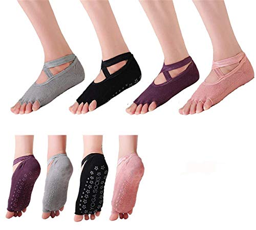 SANIQUEEN.G 4 Pares Algodón Full Toe Non Slip Skid Yoga Calcetines con Dedos Pilates para Mujeres (Estilo 4)