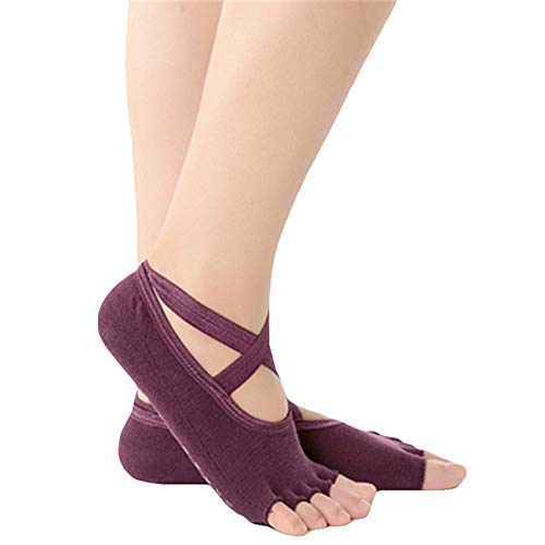 SANIQUEEN.G 4 Pares Algodón Full Toe Non Slip Skid Yoga Calcetines con Dedos Pilates para Mujeres (Estilo 4)