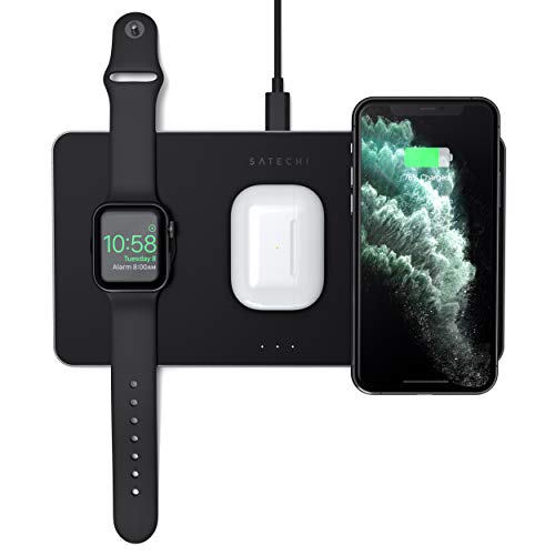 SATECHI Cargador Inalámbrico 3 en 1– Carga Rápida Qi - Compatible coniPhone iPhone 11 Pro Max/11 Pro/11, AirPods Pro/2, Apple Watch Series 6/5/4/3/2/1