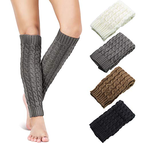 SATINIOR 4 Pares de Calentadores de Pierna de Punto de Cable Calcetines Largo Tejido de Ganchillo de Invierno para Mujeres