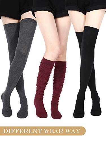 SATINIOR Calcetines Altos de Muslo Medias Extra Largas Medias de Botas Largas para Chicas Mujeres (Negro, Gris Oscuro, Rojo Vino, 3)