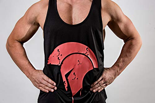 Satire Gym Camiseta de Fitness Hombre - Ropa Deportiva Funcional con Logo Sparta - Adecuada para Workout, Entrenamiento y espartanos - Slim fit (Stringer Negro - Sparta Side Head, L)