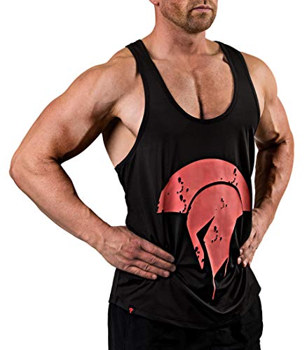 Satire Gym Camiseta de Fitness Hombre - Ropa Deportiva Funcional con Logo Sparta - Adecuada para Workout, Entrenamiento y espartanos - Slim fit (Stringer Negro - Sparta Side Head, L)