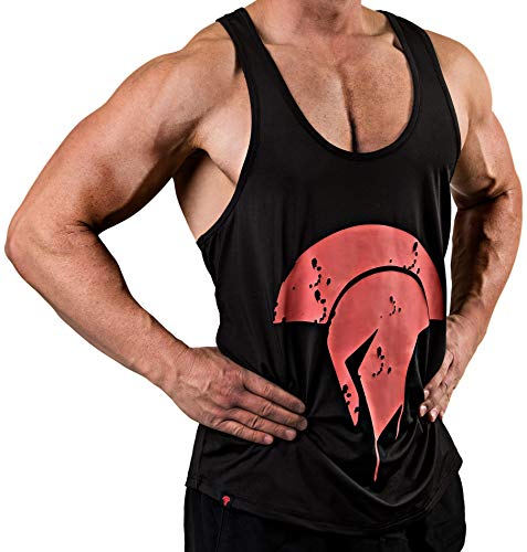 Satire Gym Camiseta de Fitness Hombre - Ropa Deportiva Funcional con Logo Sparta - Adecuada para Workout, Entrenamiento y espartanos - Slim fit (Stringer Negro - Sparta Side Head, L)