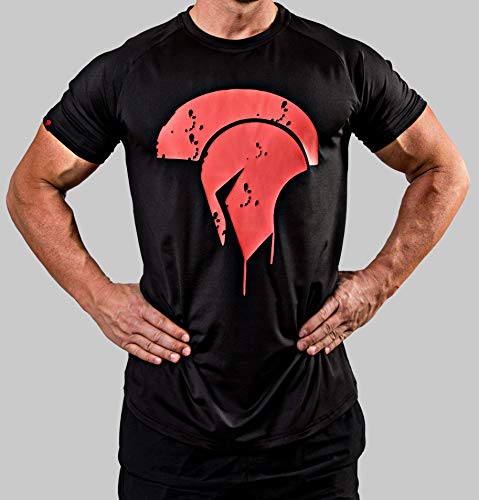 Satire Gym Camiseta de Fitness Hombre - Ropa Deportiva Funcional con Logo Sparta - Adecuada para Workout, Entrenamiento y espartanos - Slim fit (T-Shirt Negro - Sparta Side Head, M)