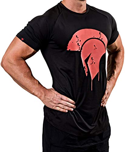 Satire Gym Camiseta de Fitness Hombre - Ropa Deportiva Funcional con Logo Sparta - Adecuada para Workout, Entrenamiento y espartanos - Slim fit (T-Shirt Negro - Sparta Side Head, M)