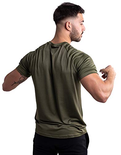 Satire Gym Camiseta Deportiva Hombre - Fitness Ropa Deportiva Transpirable - Adecuada para Workout, Entrenamiento - Muscle Fit (Verde Oliva, M)