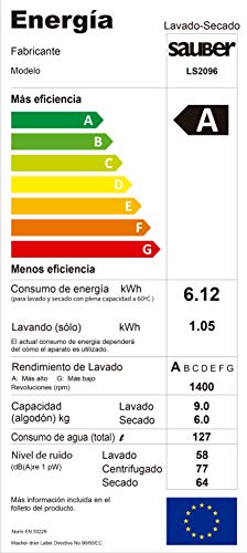 Sauber - Lavadora Secadora LS2096 9/6 kg - 1400 RPM - A - Color Blanco - INSTALACIÓN INCLUIDA