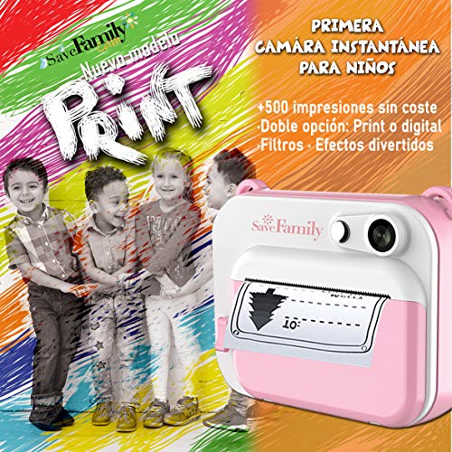 SaveFamilyPrint. Cámara Infantil instantánea-Digital. Impresión + 450 Fotos. Papel Libre de BPA. Incluye de Regalo 3 Rollos de Papel de impresión y Tarjeta de Memoria. Marca española.Rosa SaveFamilyPrint. Cámara Infantil instantánea-Digital. Impresión + 450 Fotos. Papel Libre de BPA. Incluye de Regalo 3 Rollos de Papel de impresión y Tarjeta de Memoria. Marca española.Rosa