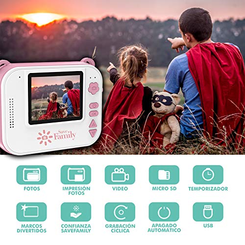 SaveFamilyPrint. Cámara Infantil instantánea-Digital. Impresión + 450 Fotos. Papel Libre de BPA. Incluye de Regalo 3 Rollos de Papel de impresión y Tarjeta de Memoria. Marca española.Rosa SaveFamilyPrint. Cámara Infantil instantánea-Digital. Impresión + 450 Fotos. Papel Libre de BPA. Incluye de Regalo 3 Rollos de Papel de impresión y Tarjeta de Memoria. Marca española.Rosa