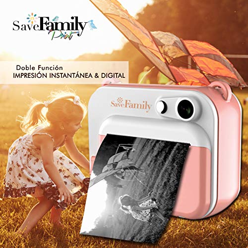 SaveFamilyPrint. Cámara Infantil instantánea-Digital. Impresión + 450 Fotos. Papel Libre de BPA. Incluye de Regalo 3 Rollos de Papel de impresión y Tarjeta de Memoria. Marca española.Rosa