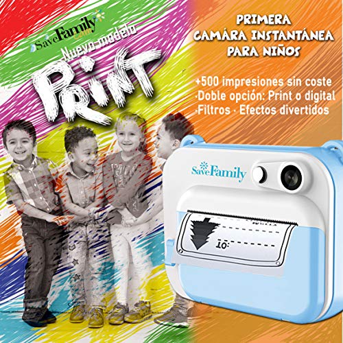 SaveFamilyPrint. Cámara Infantil instantánea-Digital. Impresión + 450 Fotos. Papel Libre de BPA. Incluye de Regalo 3 Rollos de Papel de impresión y Tarjeta de Memoria. Marca española.Rosa