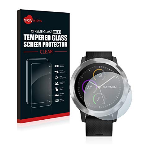 savvies Cristal Templado Compatible con Garmin Vivoactive 3 / Forerunner 45 / Approach S40 Protector Pantalla Vidrio Proteccion 9H Pelicula