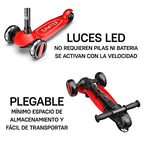 Sawyer - Patinete Ajustable Ruedas LED - Niños 2 a 8 Años (Rojo)